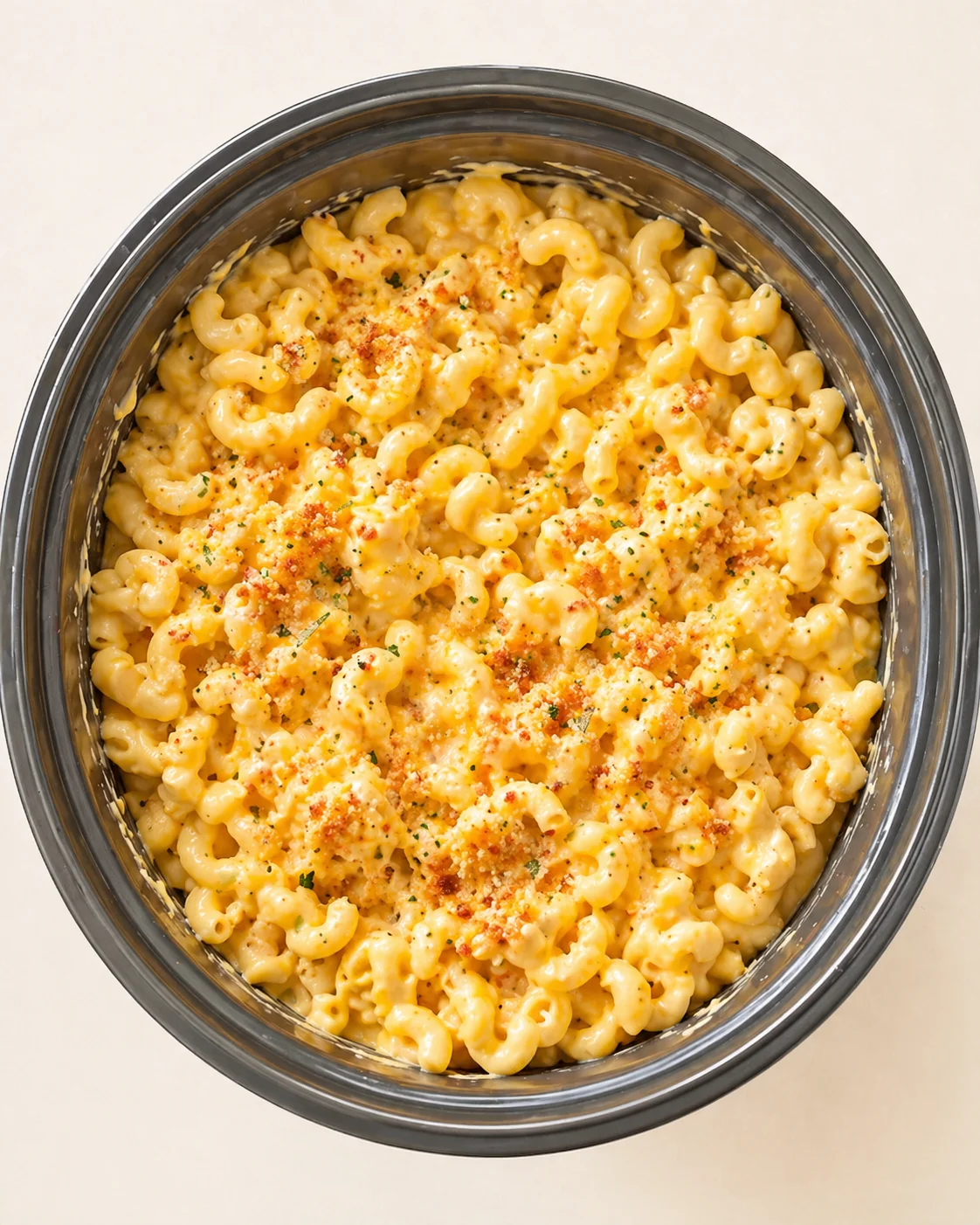 Straight-down overhead view of Amazing Crockpot Mac and Cheese for Delicious Comfort