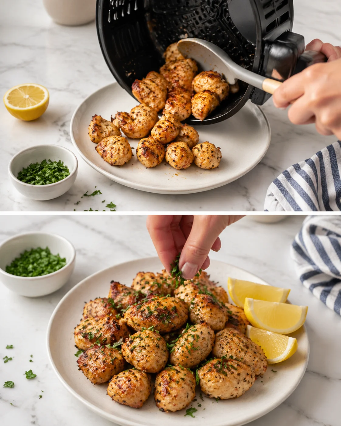 step-process-placeholder-9-10.png Golden cooked chicken bites resting on a plate, sprinkled with chopped parsley and lemon wedges