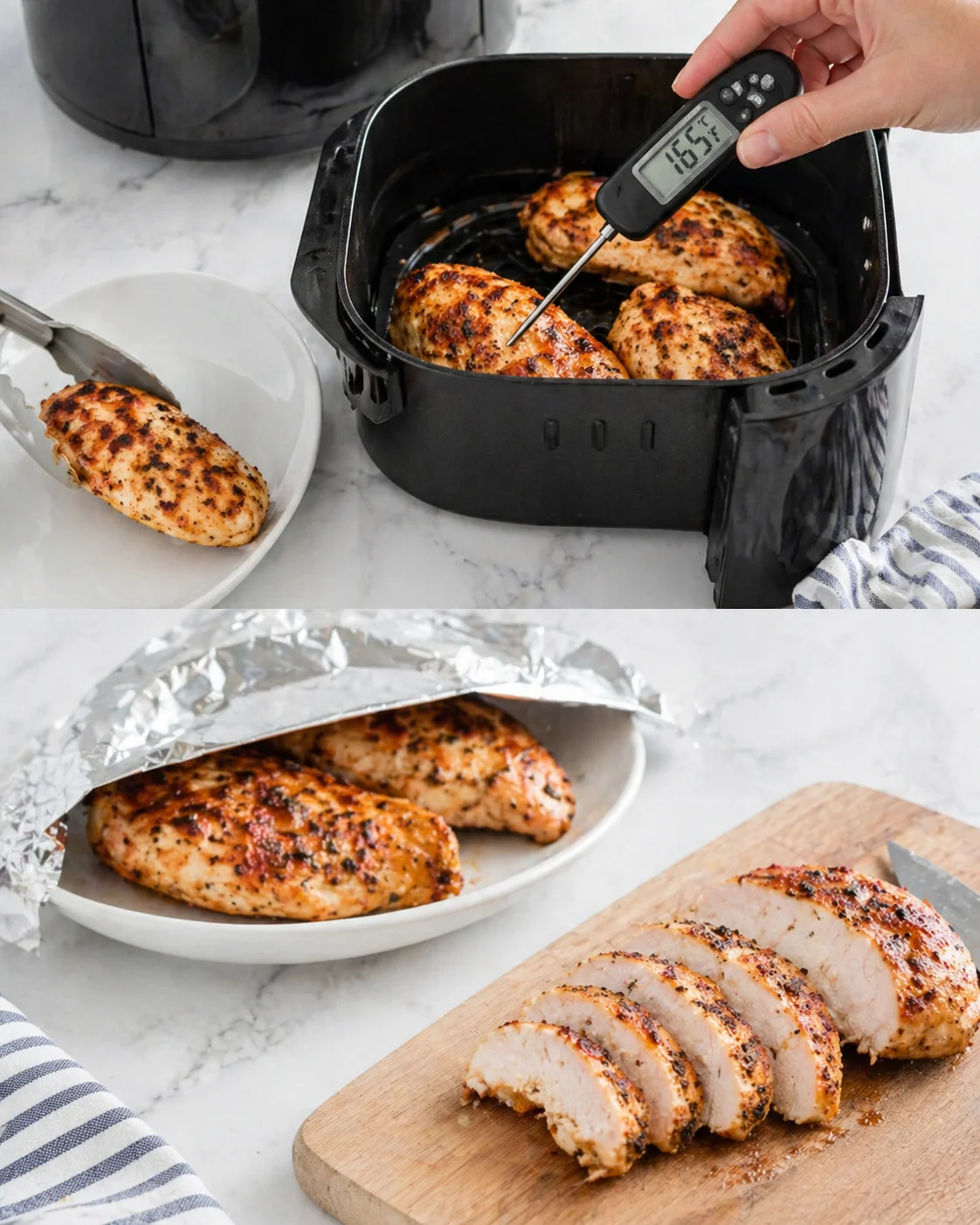 Meat thermometer reading 165°F in a cooked breast, then sliced chicken resting on cutting board.