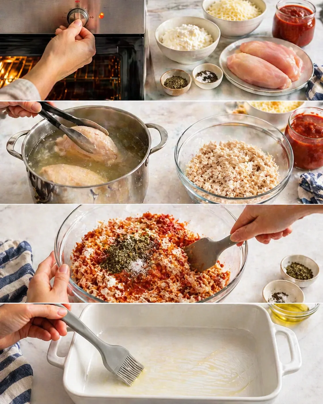 Large bowl of shredded chicken mixed with marinara and ricotta, greased casserole dish beside it.