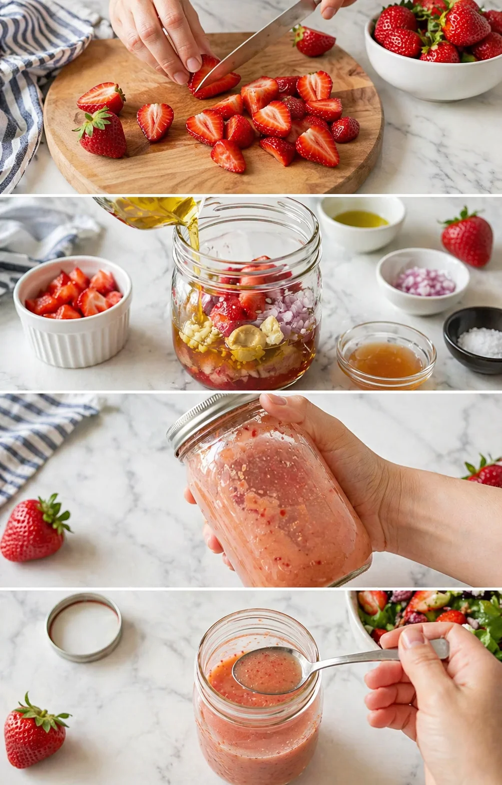 Blender jar filled with olive oil, cider vinegar, mustard, minced garlic, diced strawberry, and honey.