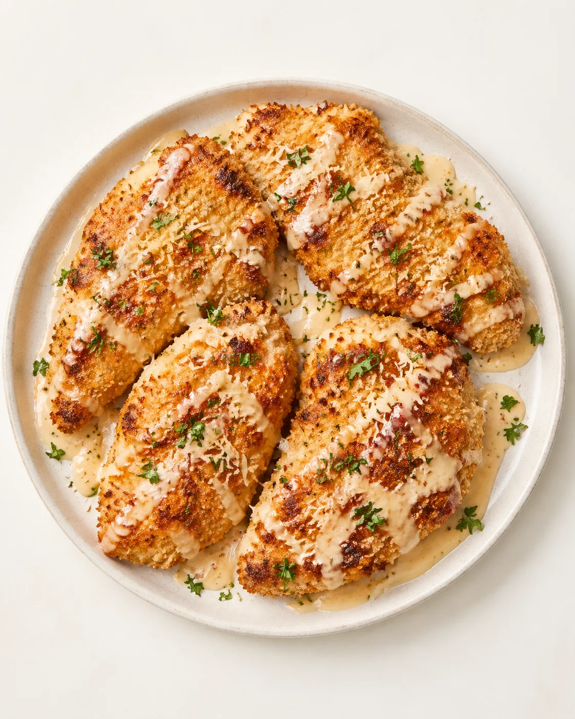 Straight-down overhead view of Crispy Air Fryer Parmesan Crusted Chicken