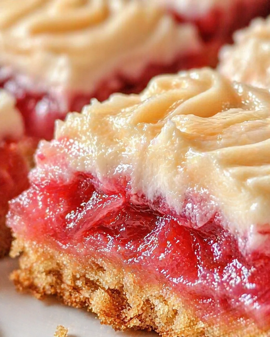 Tight detail shot of Rhubarb Bars with Cream Cheese highlighting texture
