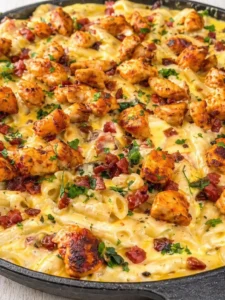 Final plated High Protein Creamy Chicken Bacon Ranch Pasta - Peach and Maple (Easy 65g Protein Meal Prep) served as a hero shot