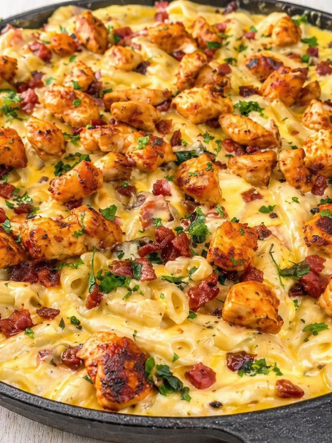 intro_final_dish-placeholder.png Final plated High Protein Creamy Chicken Bacon Ranch Pasta - Peach and Maple (Easy 65g Protein Meal Prep) served as a hero shot