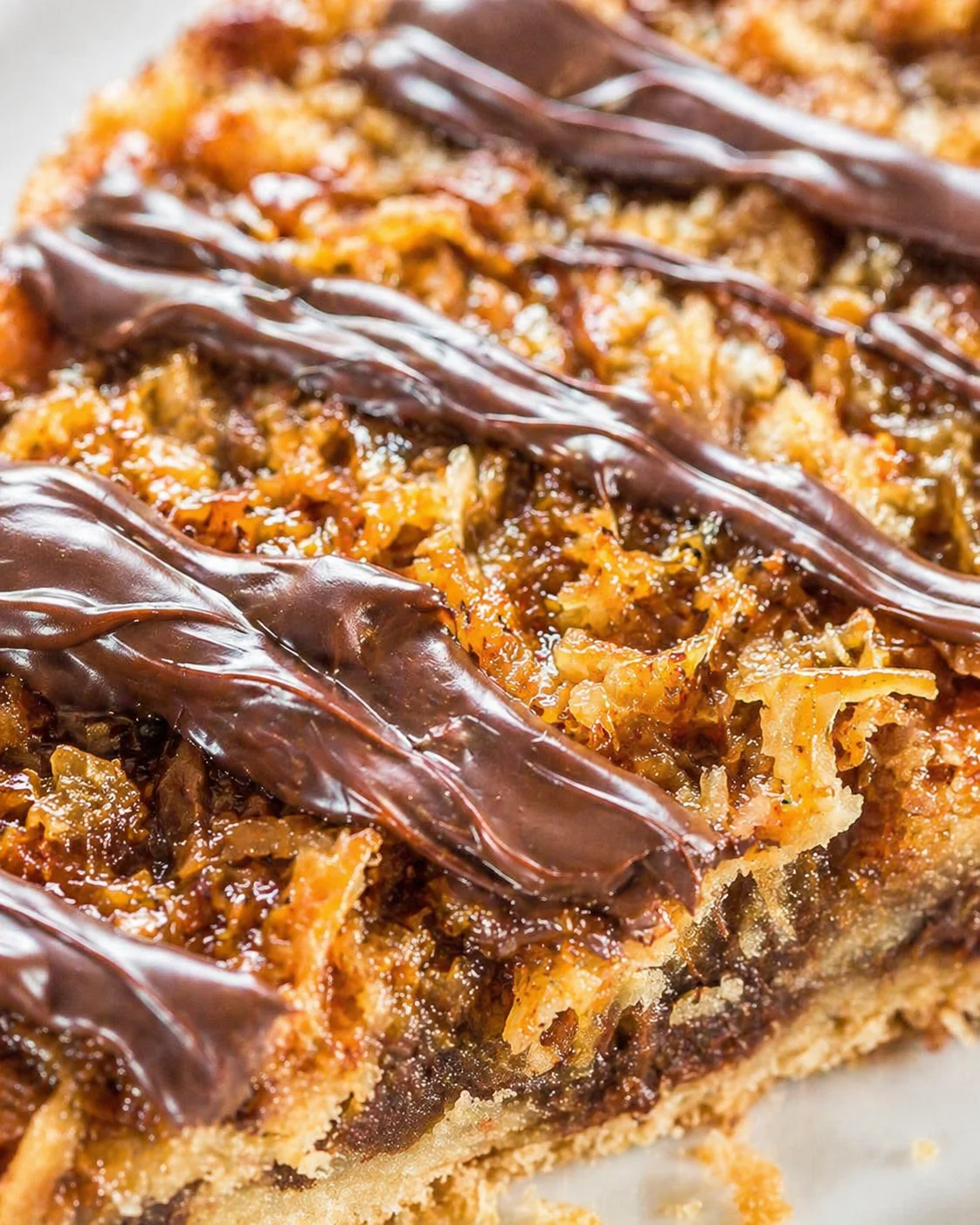 Tight detail shot of Samoas Cookie Pie highlighting texture