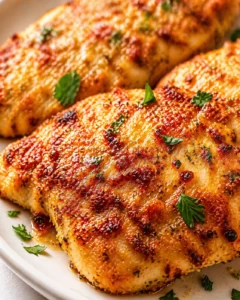 Final plated Crispy Air Fryer Parmesan Crusted Chicken served as a hero shot