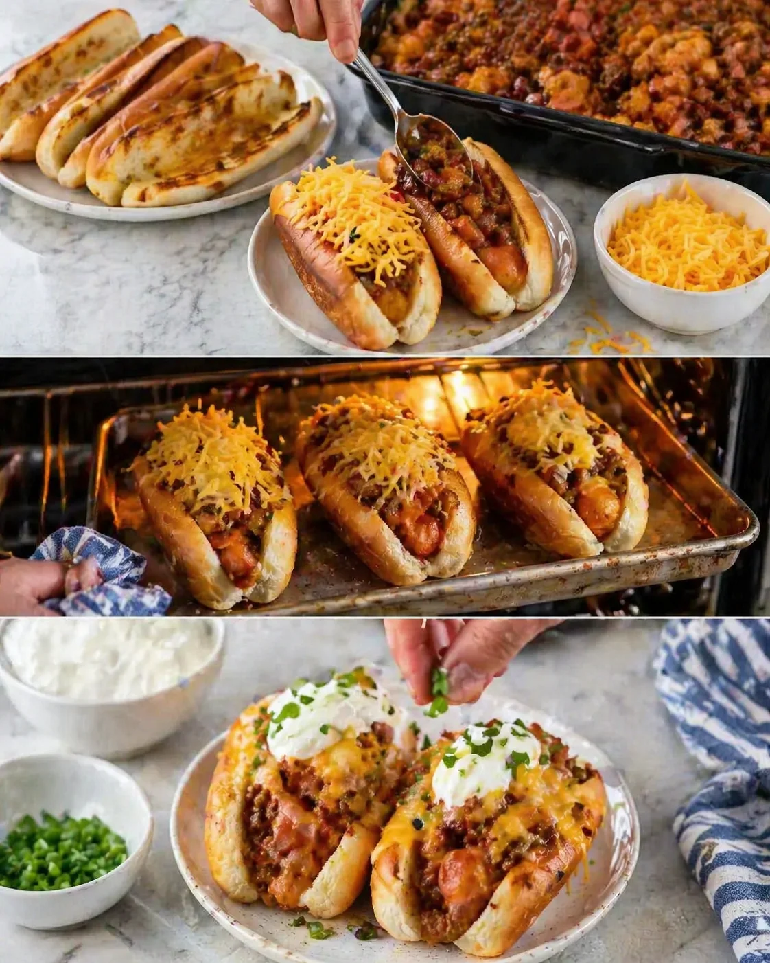 step-process-placeholder-13-14.png Toasted buns filled with casserole, melted cheddar on top, garnished with sour cream and green onions.