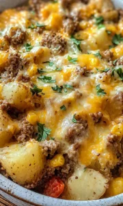 Final plated Slow Cooker Cowboy Potato Casserole served as a hero shot