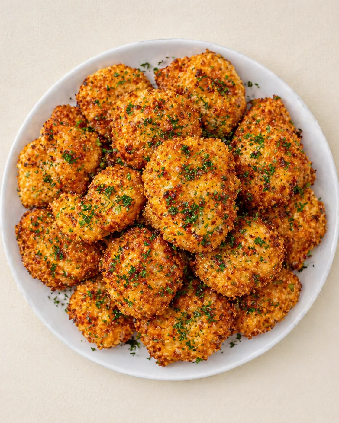 Straight-down overhead view of Air Fryer Chicken Bites 20 Irresistible Crispy Golden.