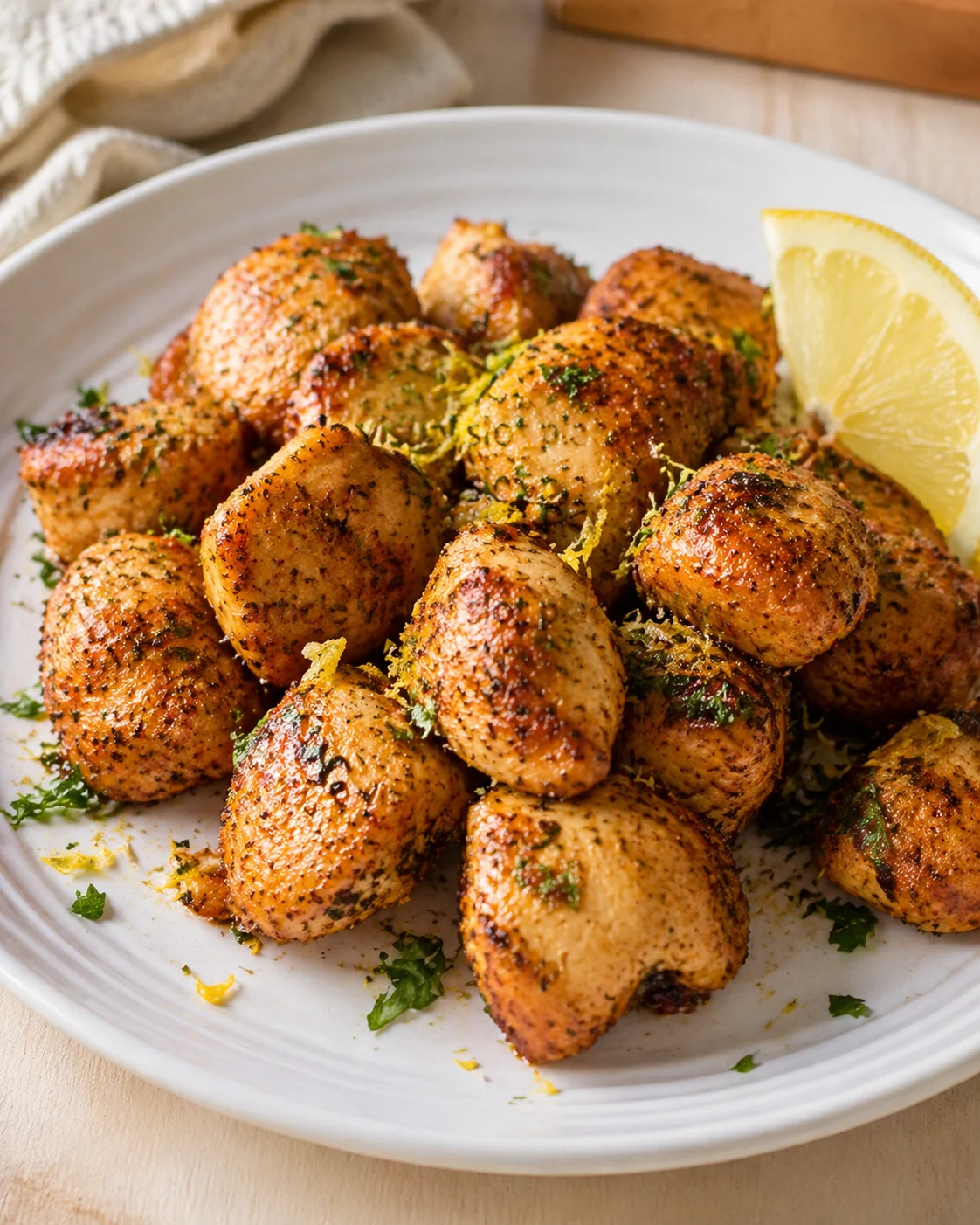 variations-placeholder.png Single plated variation of Air Fryer Lemon Chicken Bites shown in a natural kitchen scene
