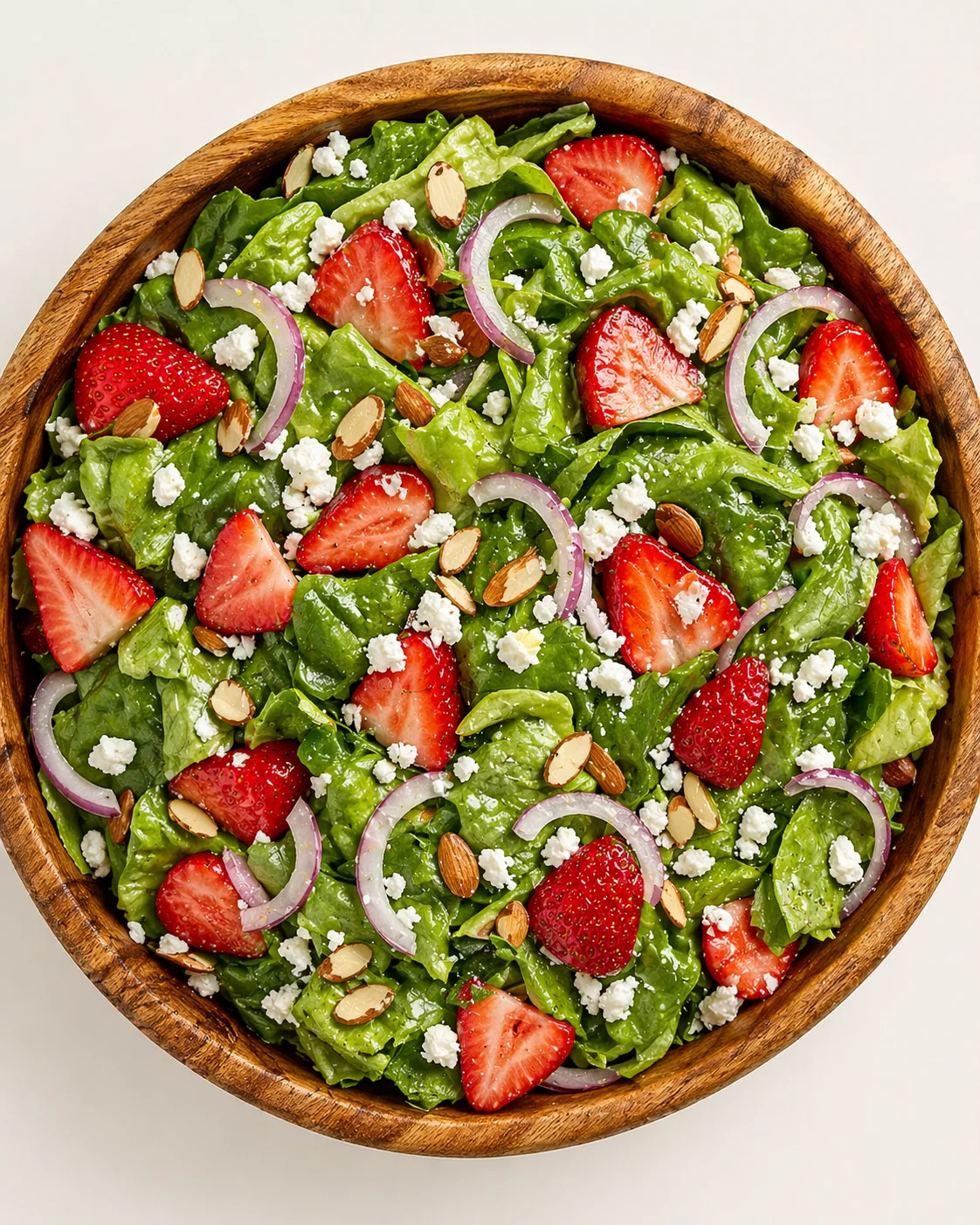 Straight-down overhead view of Simple Strawberry Romaine Feta Salad
