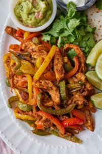 A plate with a serving of air fryer chicken fajitas by some lime wedges, guac, cilantro, and tortillas.