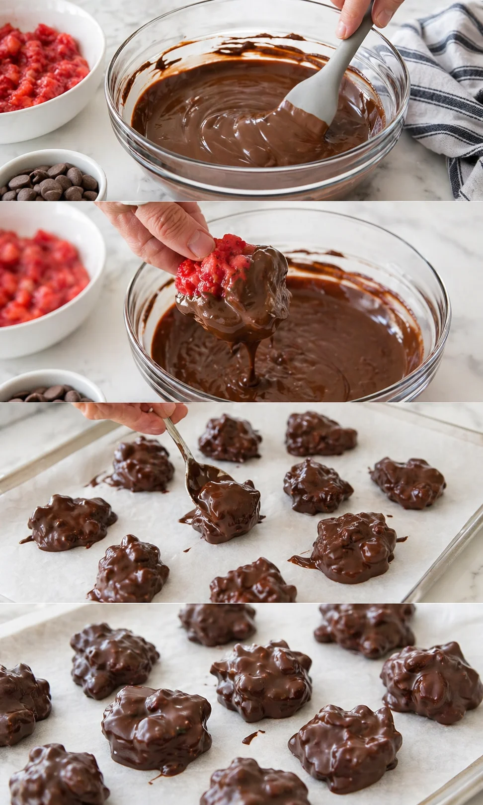 Frozen strawberry clusters coated in glossy chocolate cooling on parchment, ready for final freeze.