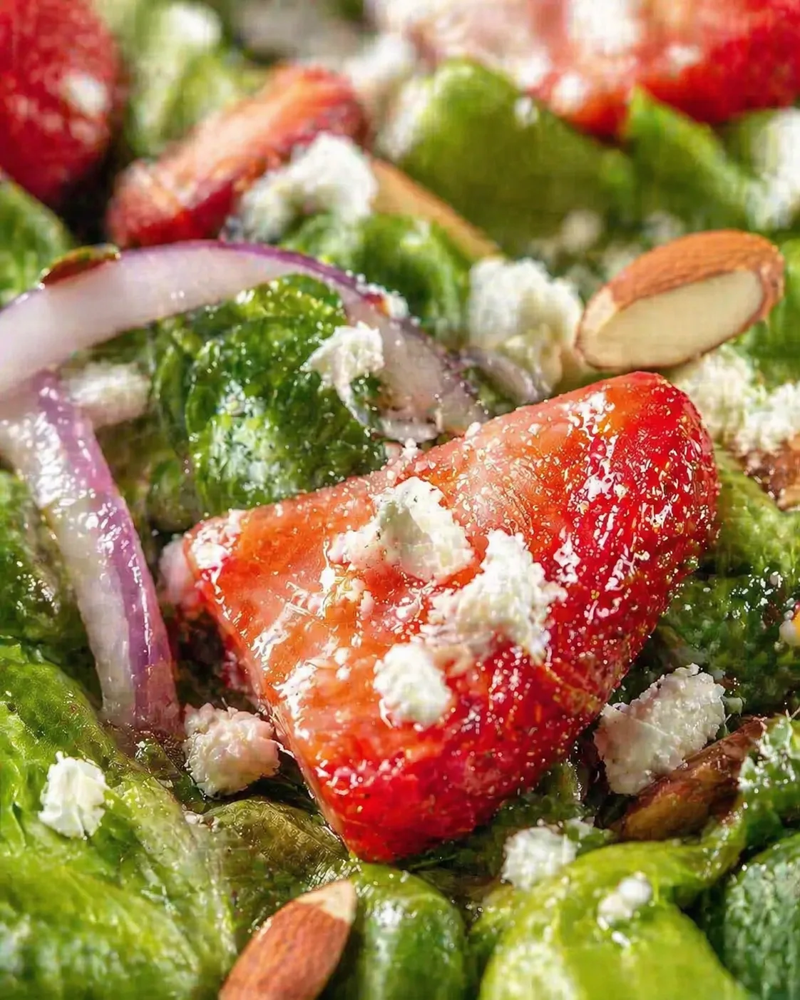 Tight detail shot of Simple Strawberry Romaine Feta Salad highlighting texture