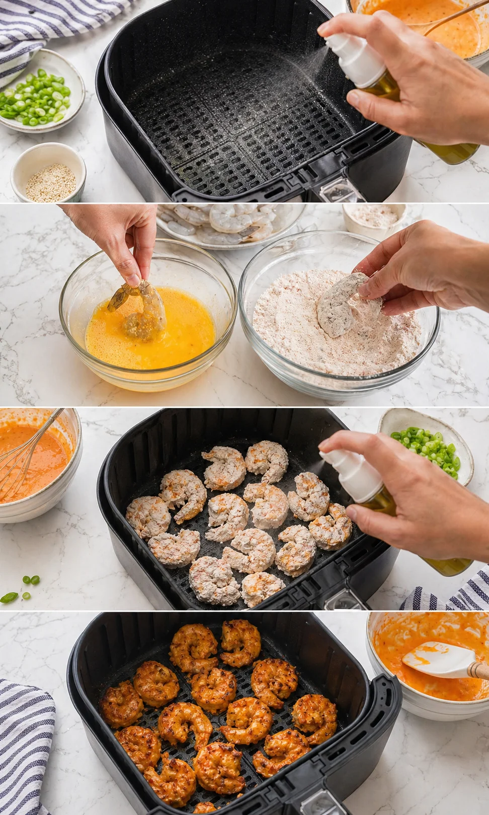 Bright kitchen collage shows air-fryer breaded bites being assembled with egg wash, flour, and sauce.