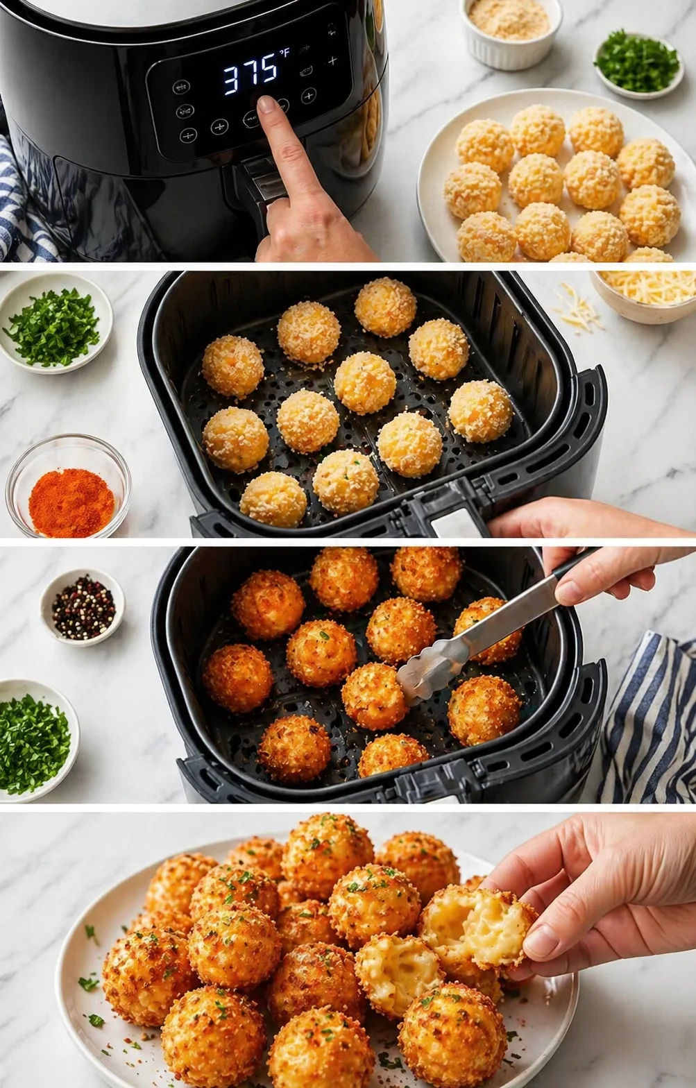 Multi-panel collage showing air fryer steps for breadcrumb-coated cheese balls to a golden finish.