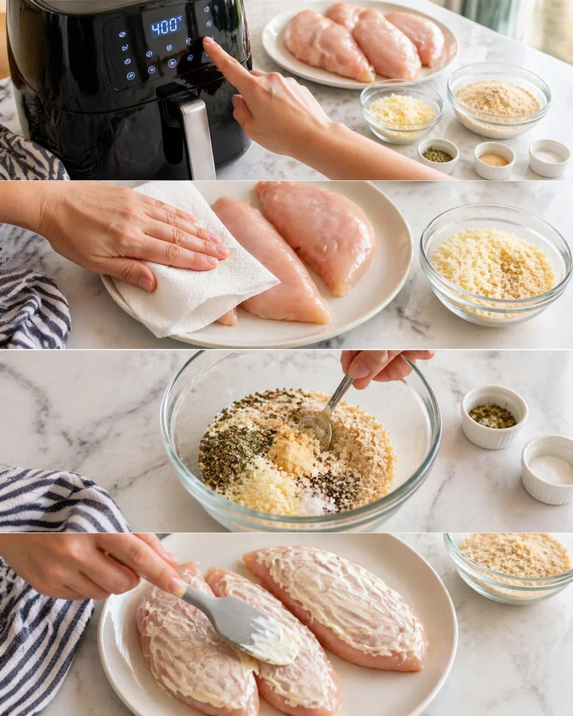 Collage showing step-by-step air-fryer chicken breading with raw breasts, crumb bowls, and seasonings.