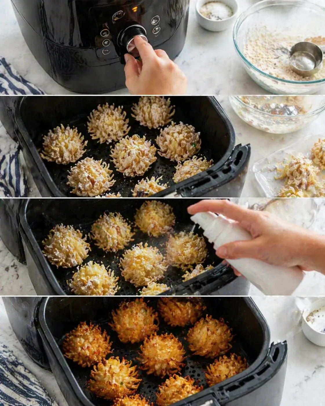 Four-panel collage showing coconut-crusted bites being air-fried in a black air fryer