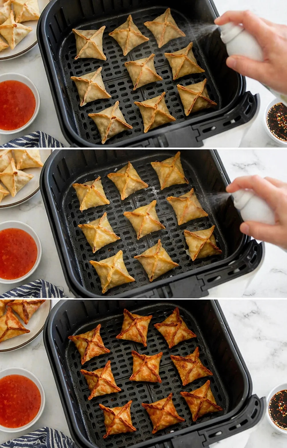 Air fryer basket filled with golden phyllo triangles, with red dipping sauce and spray bottle nearby.