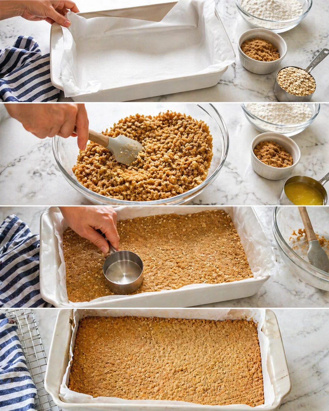 Series of steps: lining a baking dish, mixing crumb topping, and pressing crust into pan.
