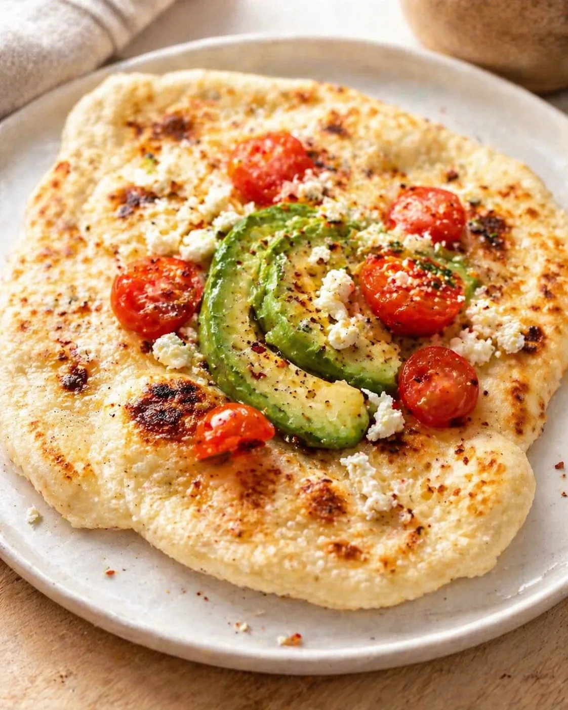Round flatbread topped with avocado slices, cherry tomatoes, and crumbled feta on a white plate.