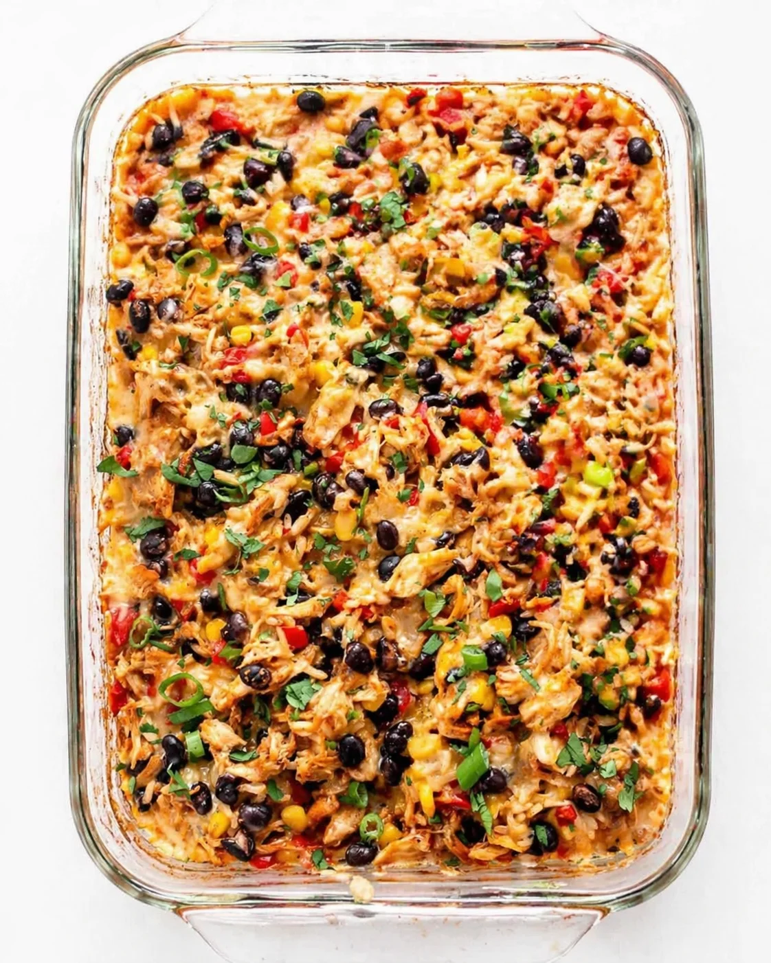 glass baking dish of cheesy shredded chicken casserole with corn, black olives, peppers, and cilantro