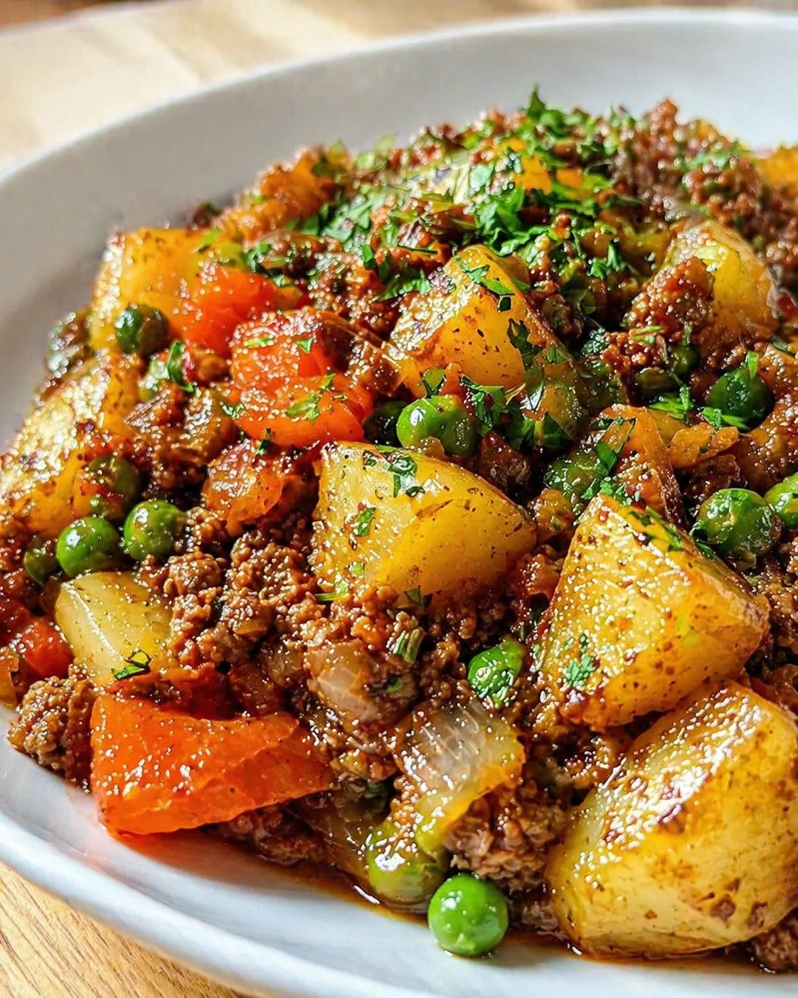 A hearty beef and potato hash with carrots, peas, and chopped herbs in a shallow bowl