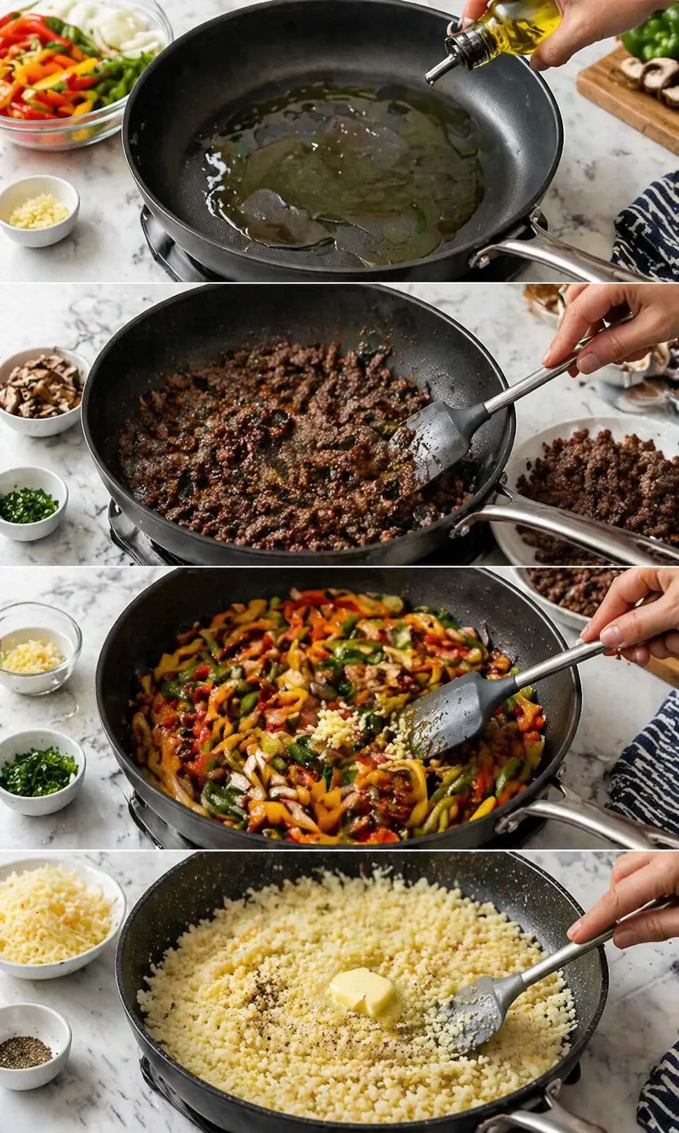 four-panel collage of oil in pan, browned beef, colorful peppers, and cooked rice with butter