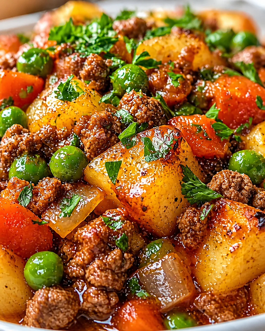 Close-up of beef, potato, and pea stew topped with chopped parsley