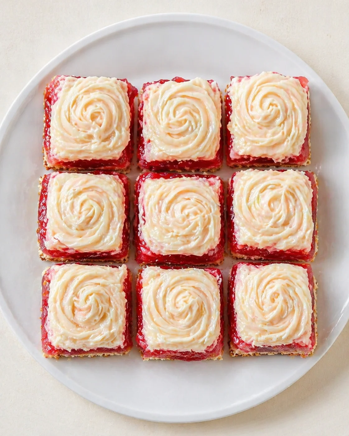Nine square dessert bars with red berry filling and creamy swirled white frosting on a white plate.