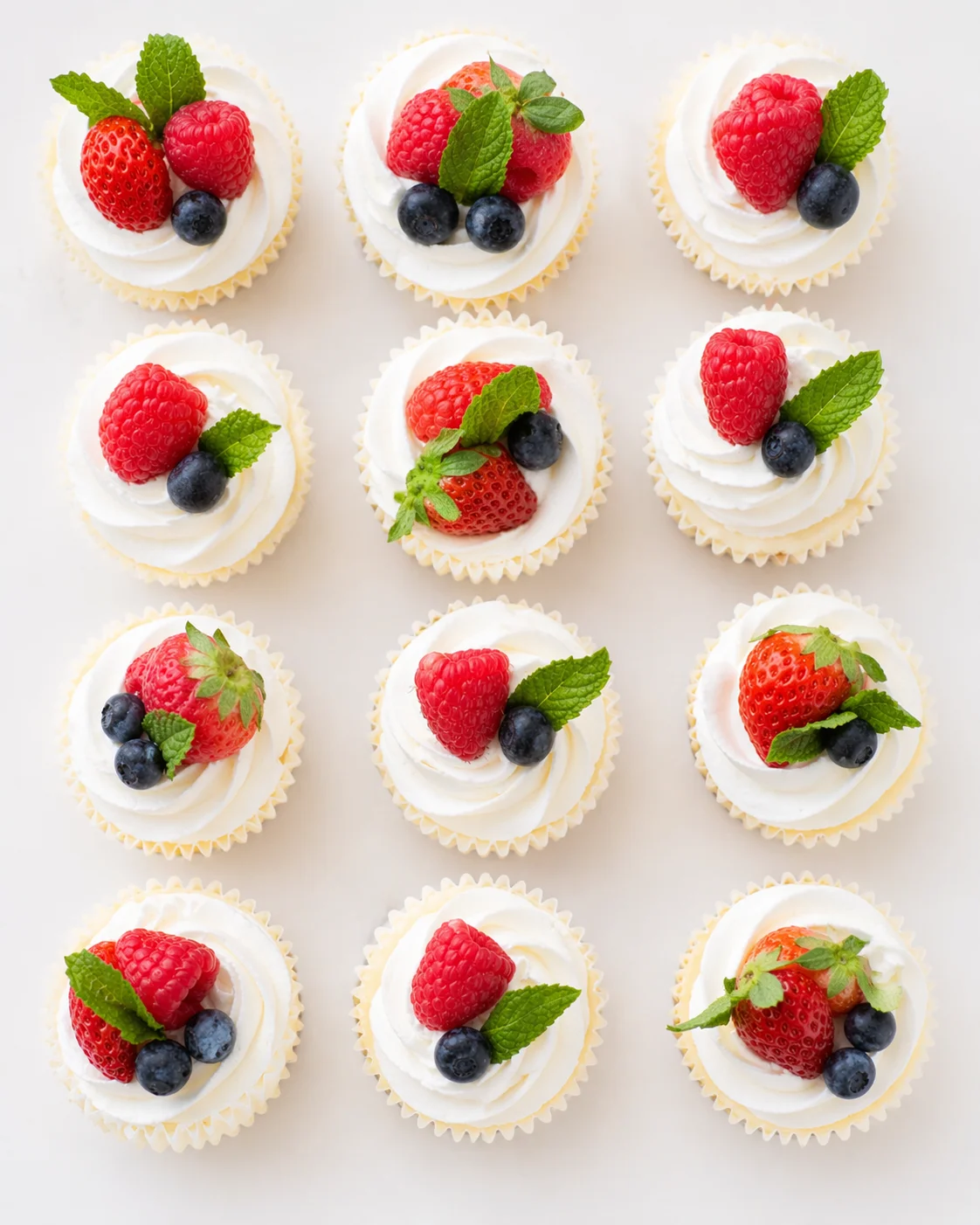 Overhead view of fifteen cupcakes with white frosting and berry garnishes