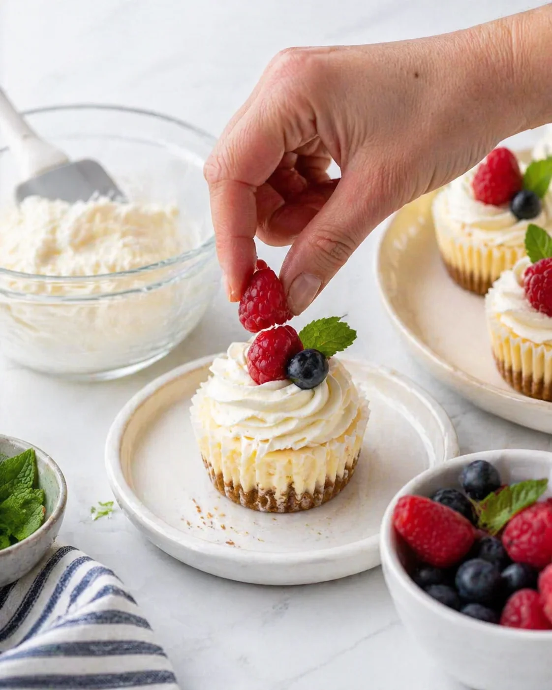 hand placing a raspberry on a vanilla cupcake with swirled frosting, surrounded by blueberries, raspberries, mint, and extra cupcakes.