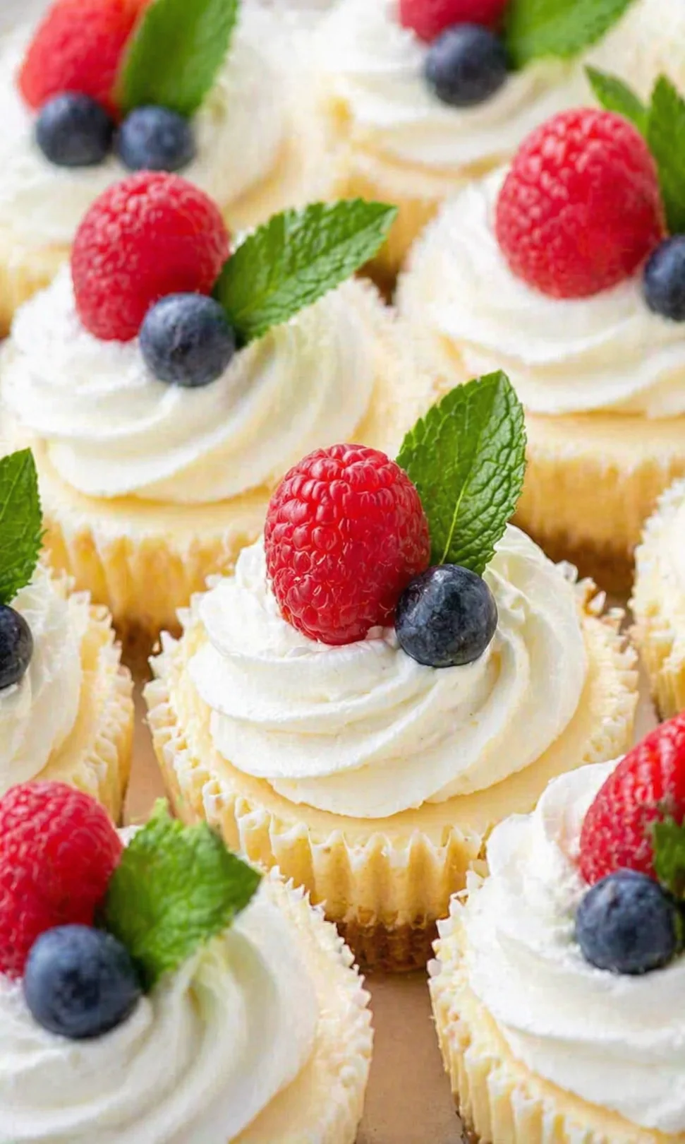 Cupcakes topped with white frosting, fresh raspberries, blueberries, and mint leaves.