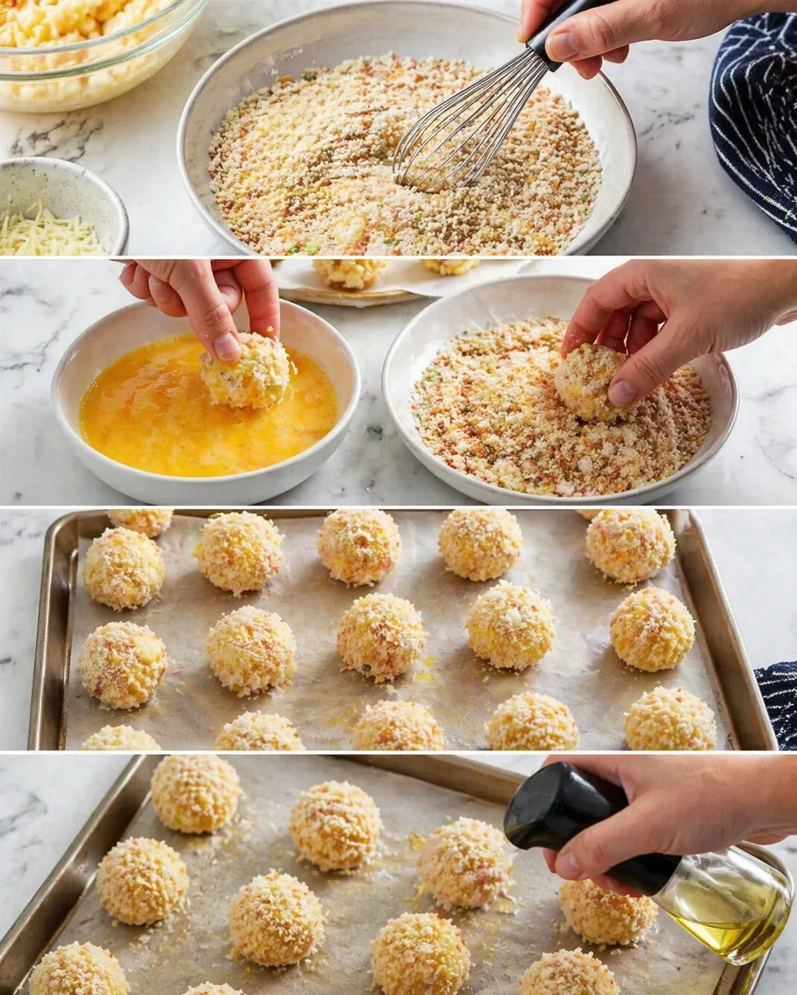 hands shaping cheese balls, dipping in egg, coating in breadcrumbs, arranged on baking sheet