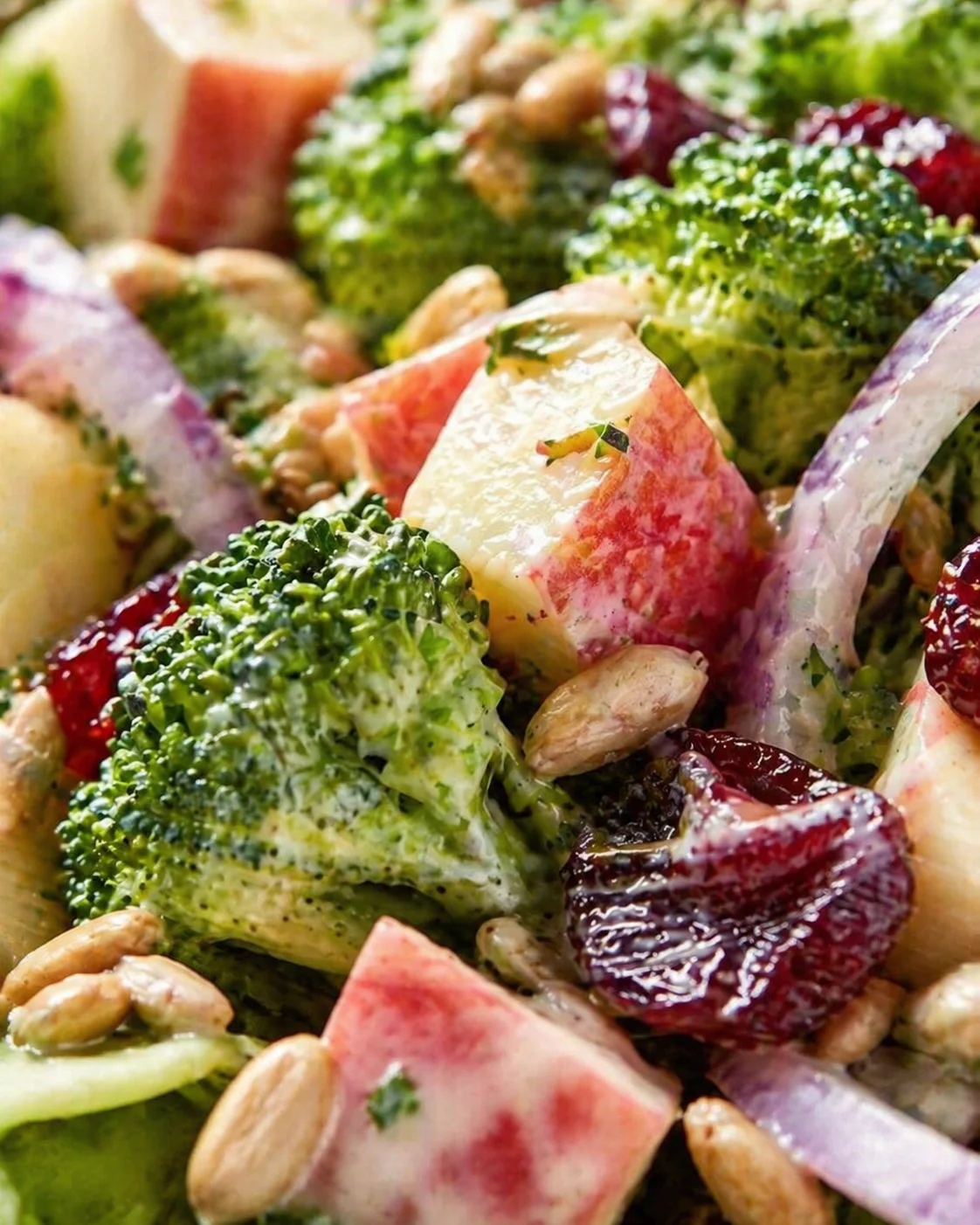 Close-up of a vibrant broccoli, apple, and cranberry salad tossed in creamy green herb dressing with almonds.