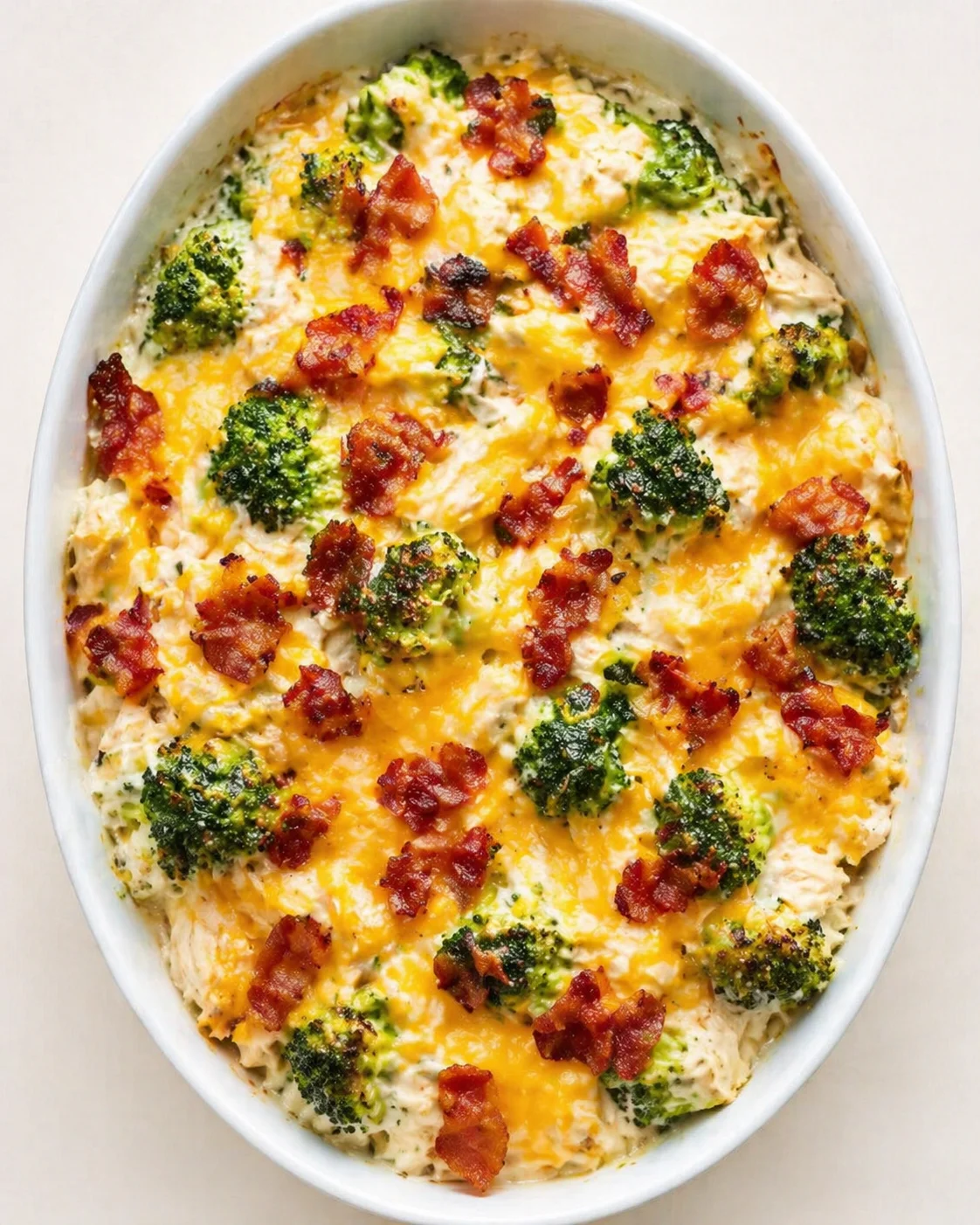 baked broccoli cheddar casserole with crispy bacon in a white oval dish
