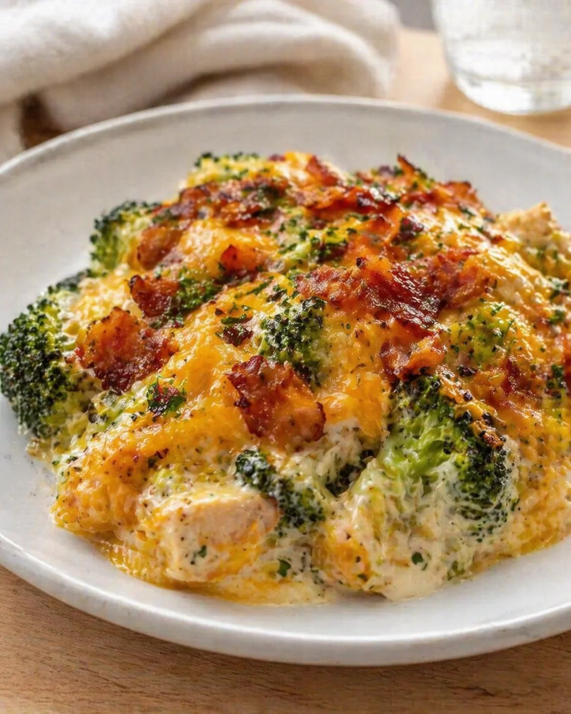 Creamy broccoli cheese casserole topped with crispy bacon pieces on a light plate.