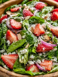 Final plated Simple Strawberry Romaine Feta Salad served as a hero shot