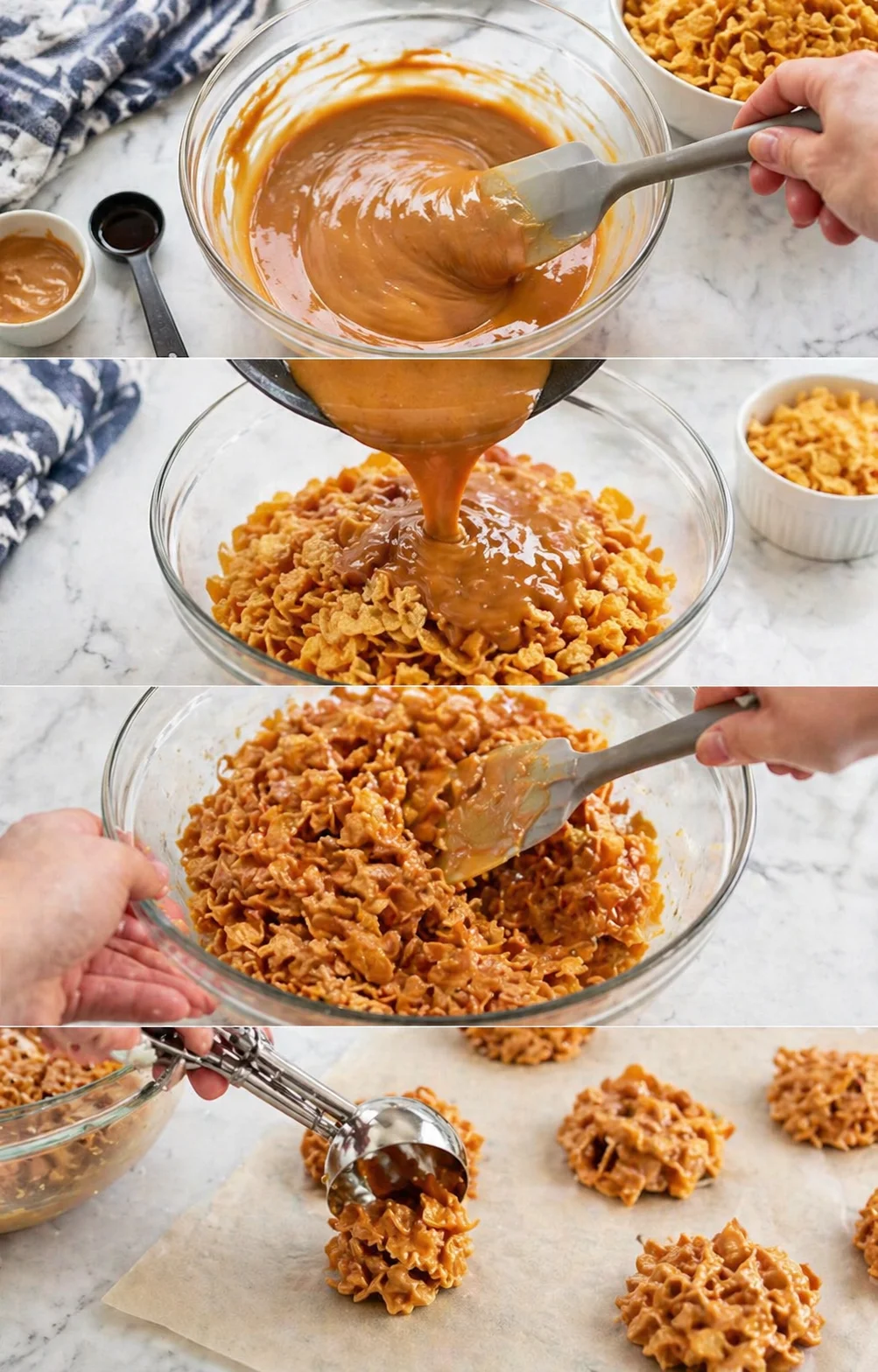 Collage showing caramel-coated cornflake clusters being formed on parchment paper