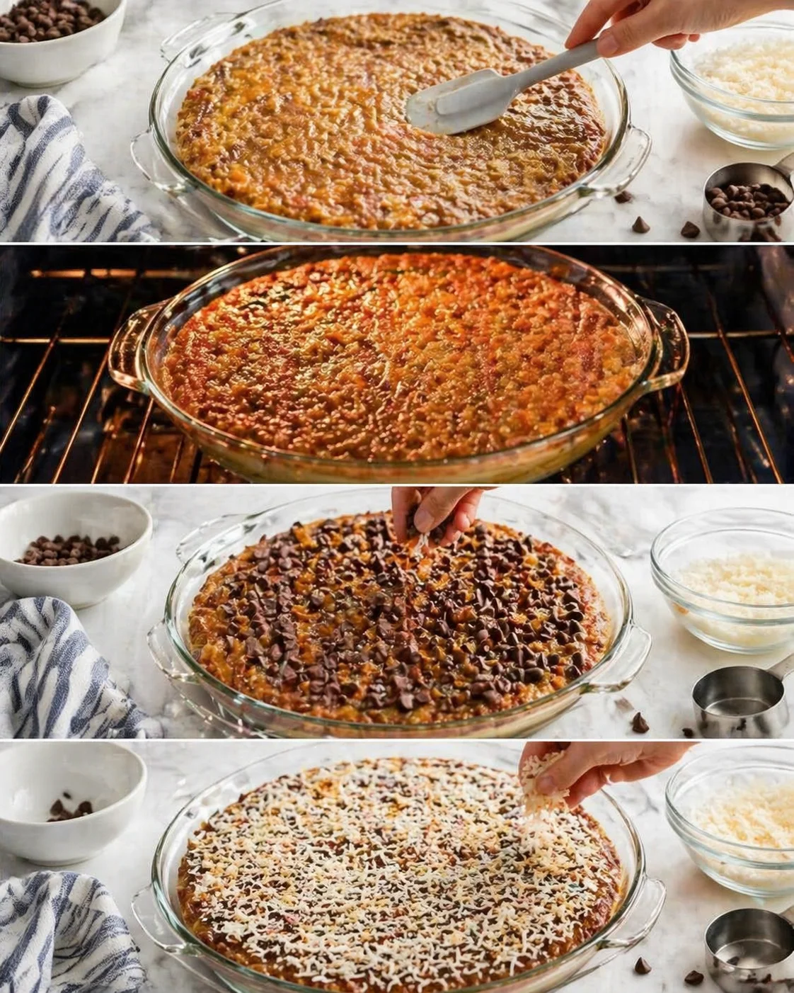 Four-panel collage showing caramel-nut bars at different steps on a marble countertop.