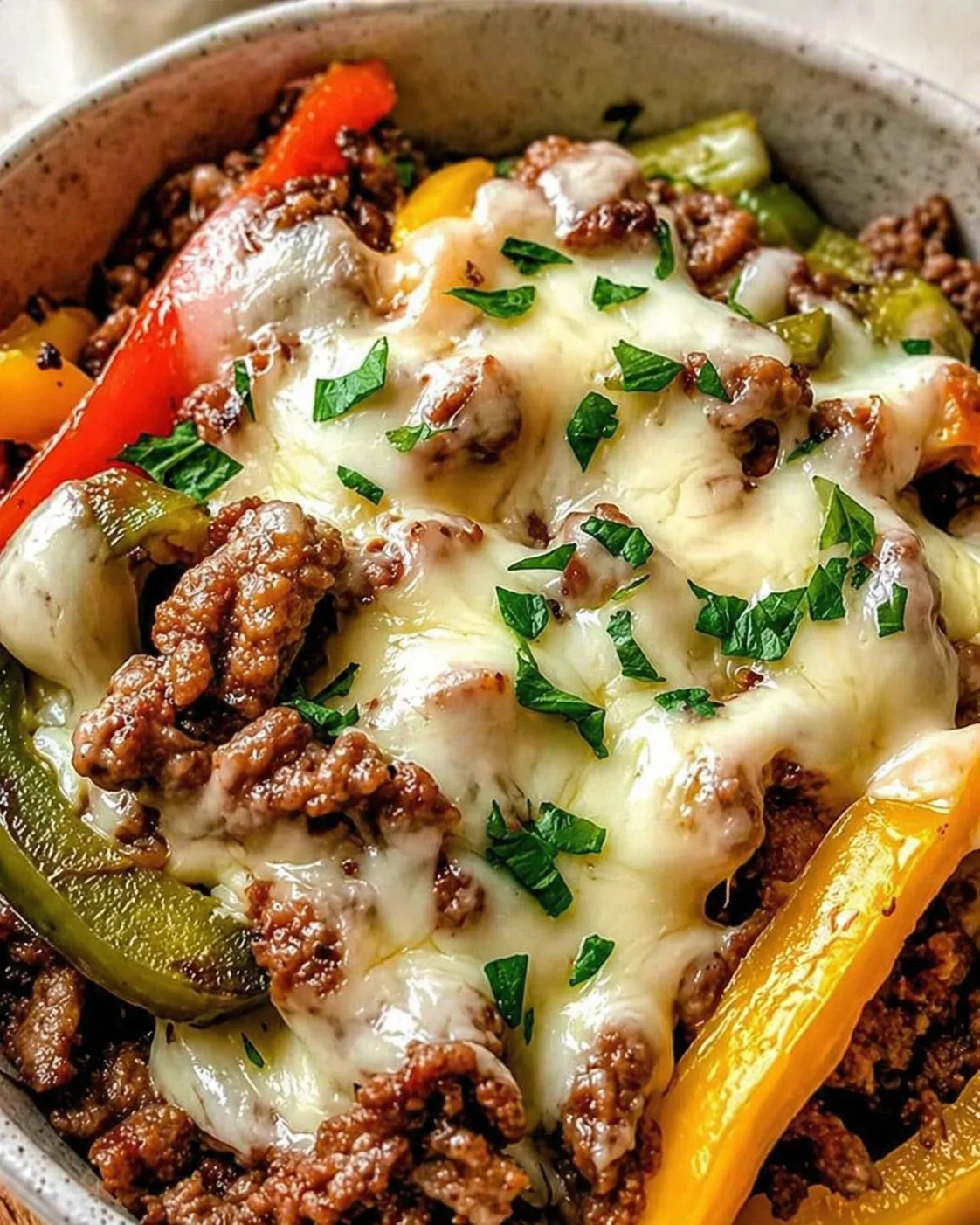 Close-up of a skillet dish with browned ground beef, bell peppers, onions, melted cheese, and parsley.