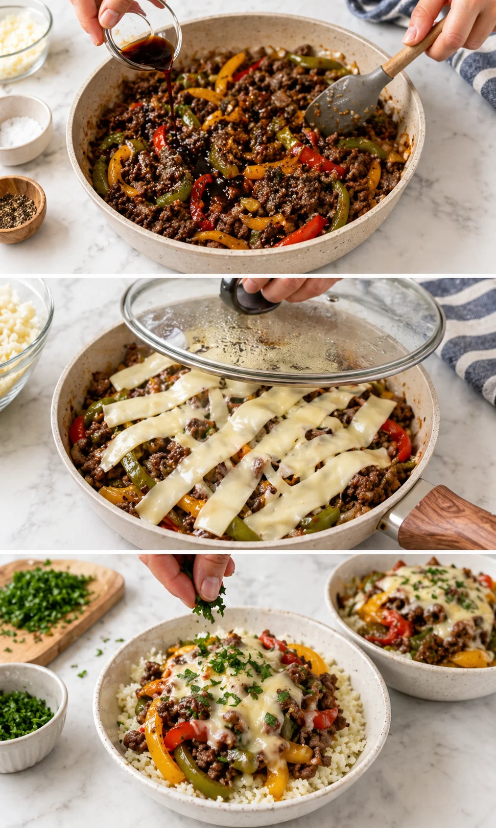 three-panel skillet collage with browned beef, bell peppers, and melted cheese over rice