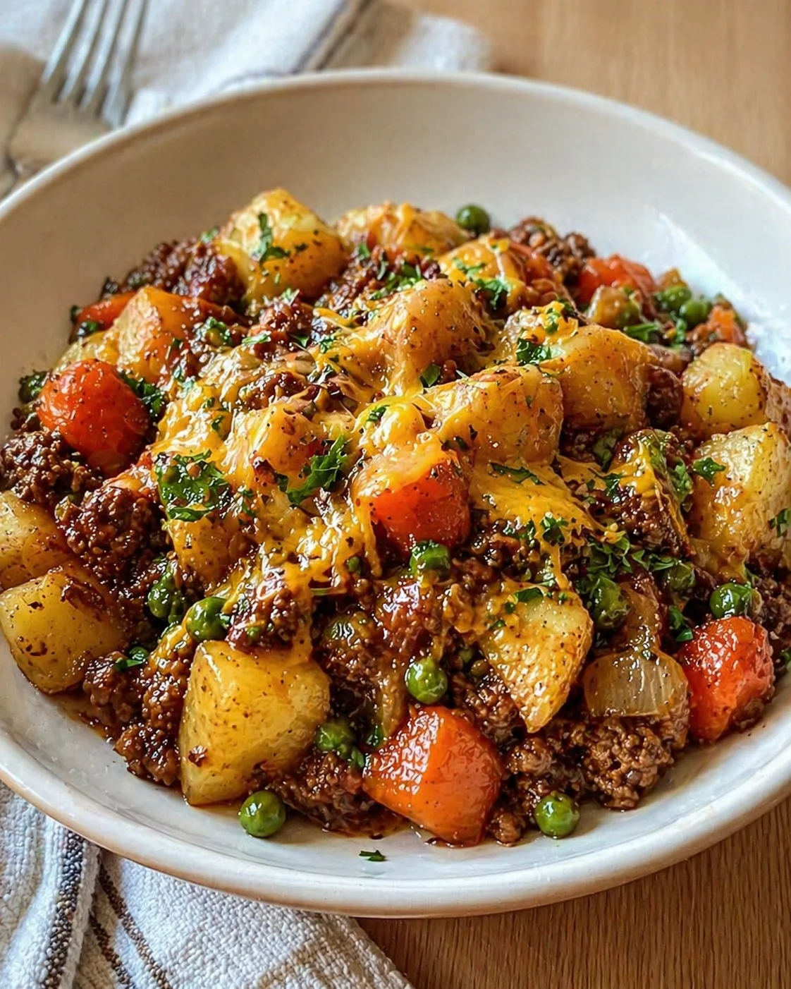 bowl of cheesy beef and potato hash with carrots, peas, and parsley