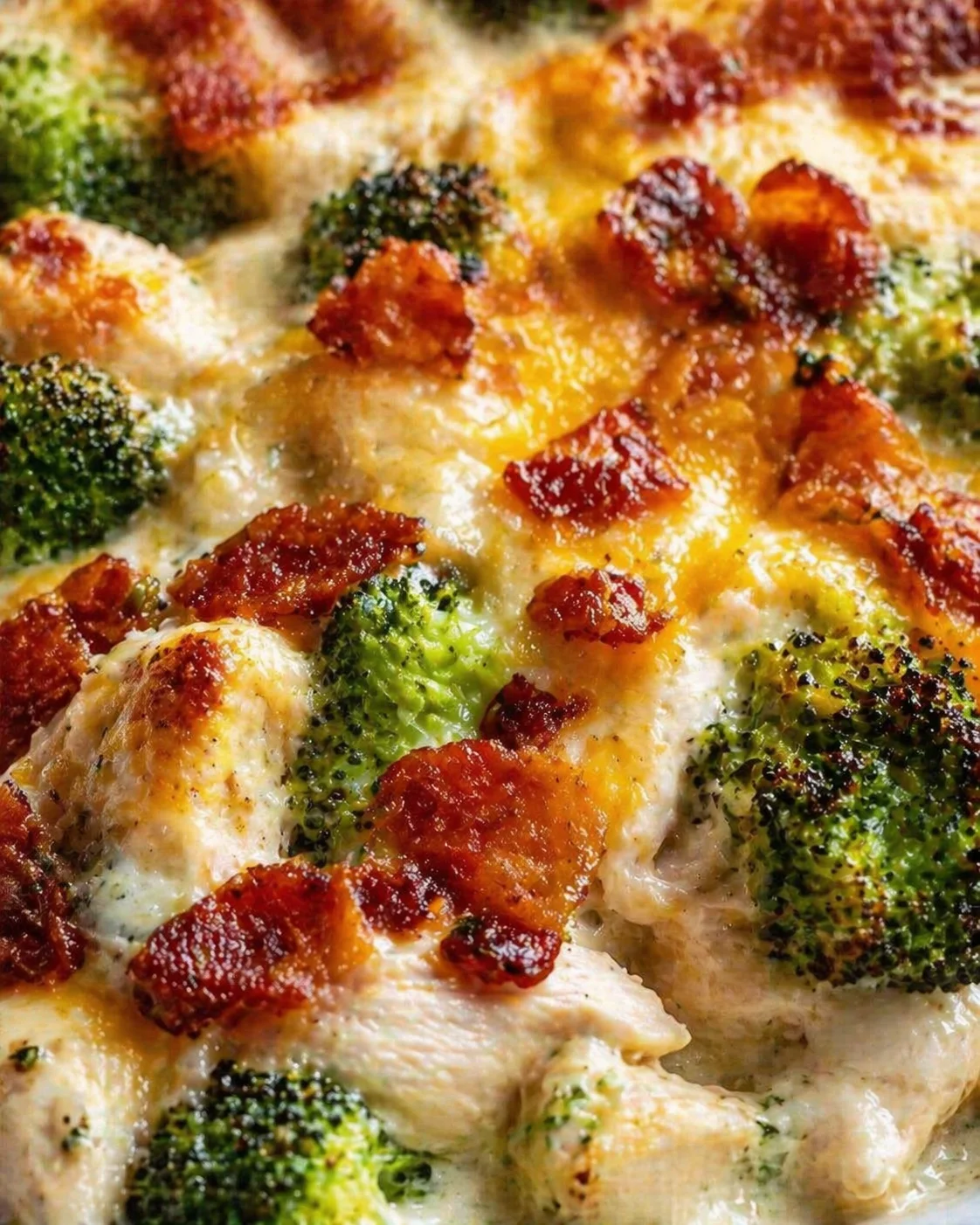 Close-up of creamy broccoli chicken bake with melted cheese and crispy bacon bits