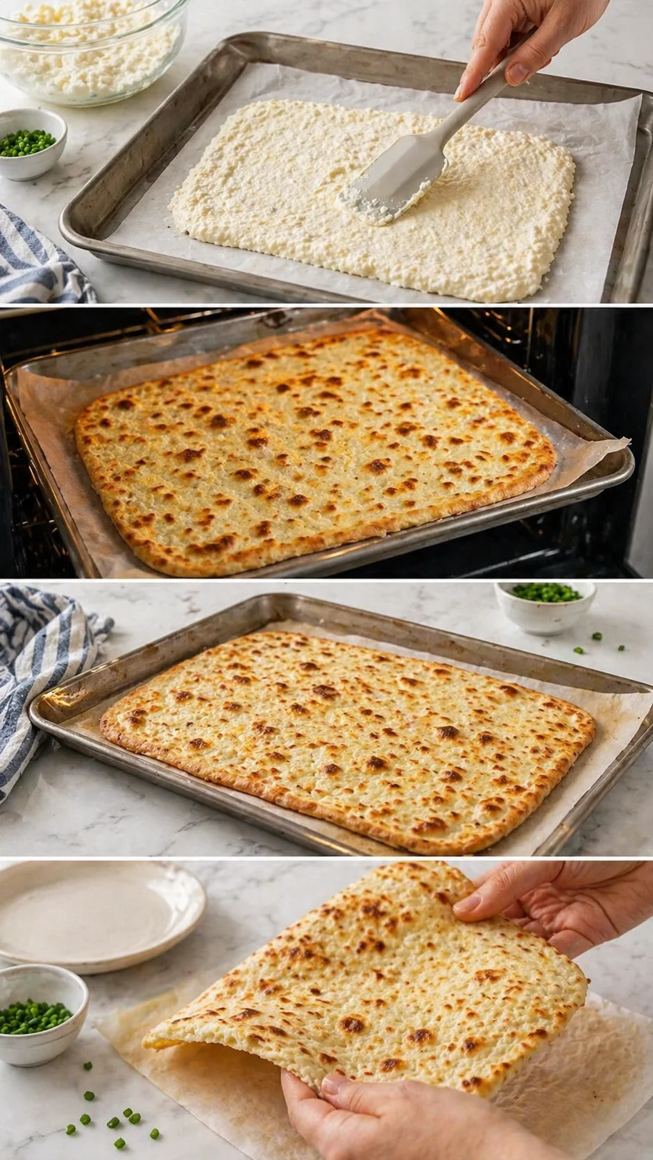 collage of a cheese flatbread being prepared, baked, and torn apart on a parchment-lined sheet pan