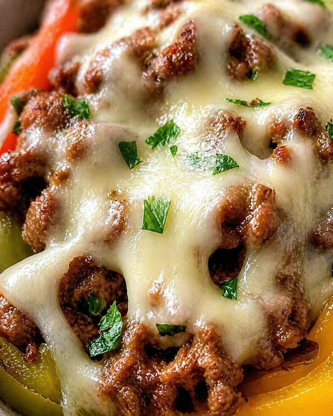 close-up view of browned ground beef with melted cheese and chopped parsley over yellow pepper slices