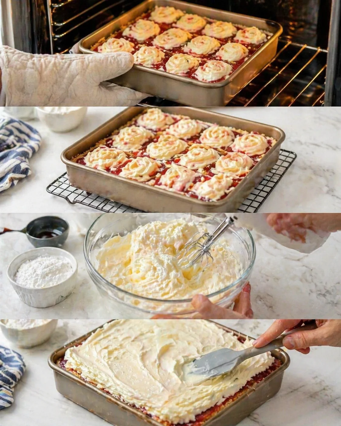 collage of cherry-cream bars: hands in oven mitt, wire rack cooling, whisk beating cream, and smooth frosting