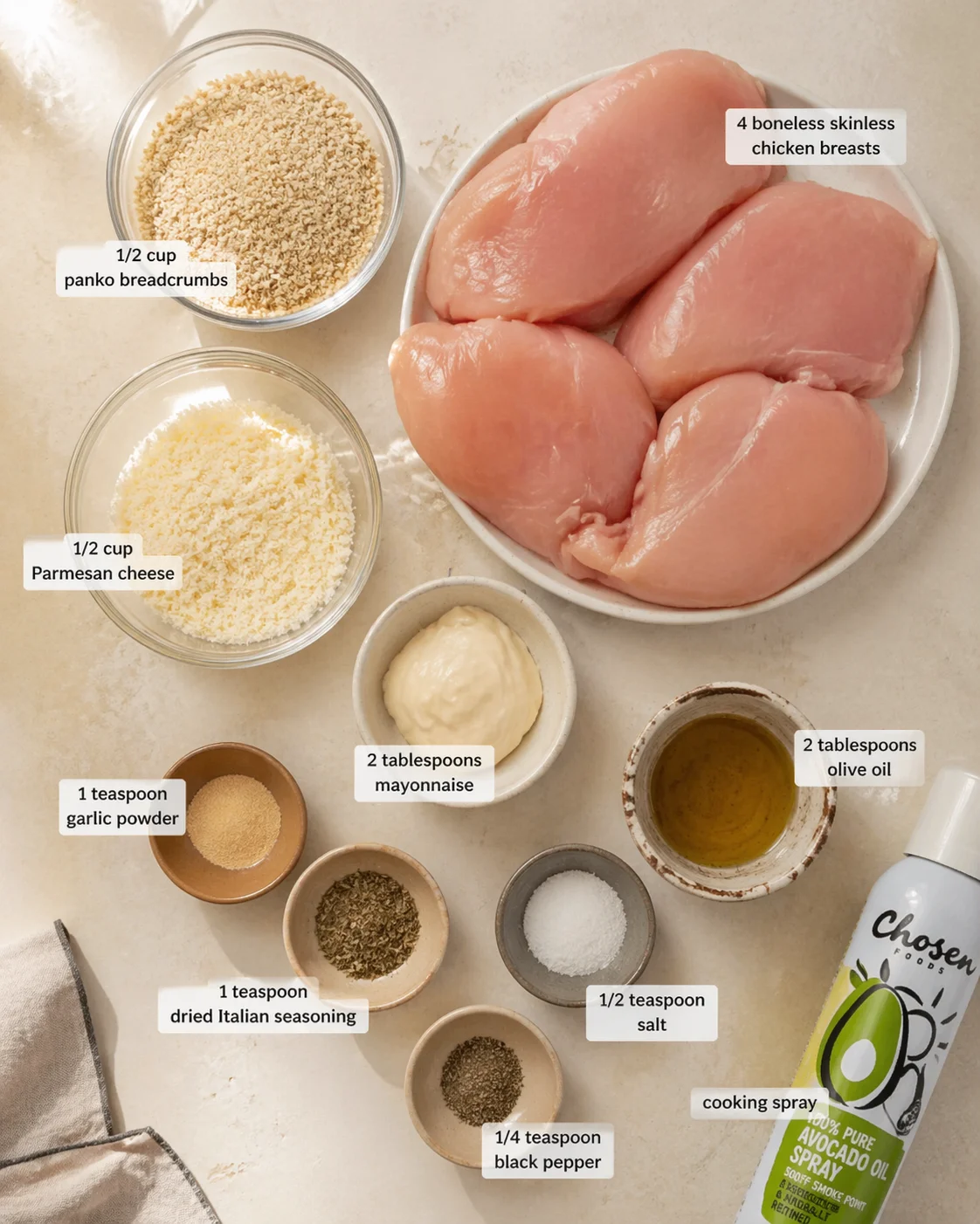 top-down view of raw chicken breasts with bowls of breadcrumbs, parmesan, mayonnaise, and spices