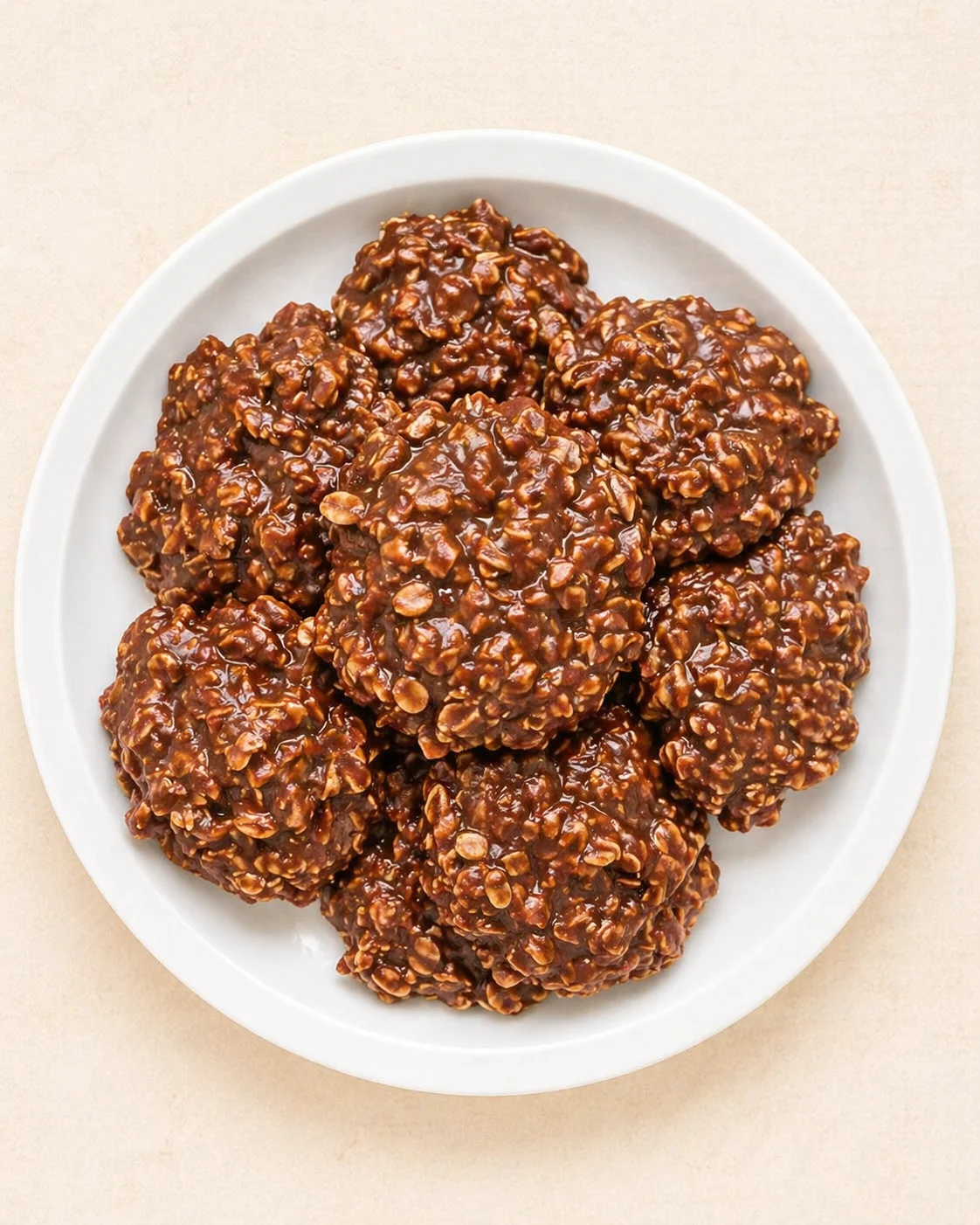 White plate filled with glossy chocolate-oatmeal cookies on a pale beige background.